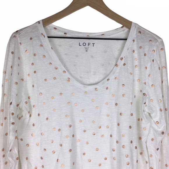 LOFT Top Shimmer Gold Dot Long Sleeve Scoop Neck Metallic Sheer Soft Size Medium - Picture 4 of 13